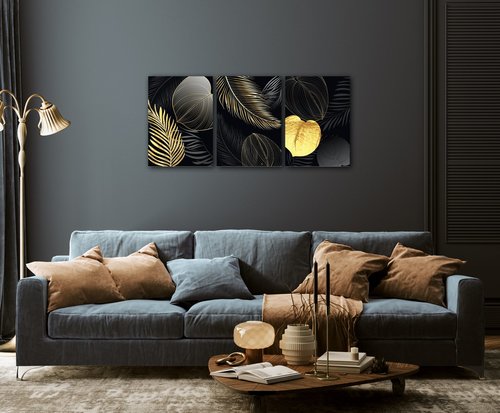 Obraz Gold and black flowers abstract - 150 x 70 cm (3-częściowy)